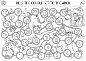 Wedding black and white dice board game for children with cute just married couple, bride, groom, arch. Marriage ceremony boardgame.  Matrimonial printable activity, coloring page vector