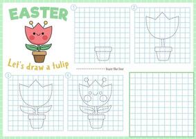 Garden step by step drawing worksheet. How to draw a tulip in pot. Complete the picture by example activity. Vector spring holiday writing practice worksheet. Printable Easter coloring page