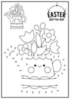 Vector Easter dot-to-dot and color activity with cute kawaii watering can with flowers. Spring holiday connect the dots game for children. Garden coloring page for kids. Printable worksheet