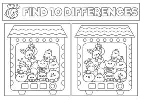 Easter black and white kawaii find differences game. Coloring page with cute animals in toy vending machine. Spring holiday puzzle or activity for kids with characters. What is different worksheet vector