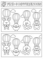 Easter black and white kawaii find differences game. Coloring page with cute hot air balloons with animals flying in the sky. Spring holiday puzzle or activity for kids. What is different worksheet vector