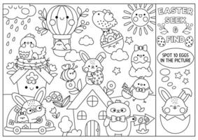 Vector black and white Easter searching game with country house and kawaii characters. Spot hidden objects. Simple spring holiday seek and find coloring page. Egg hunt activity with bunny