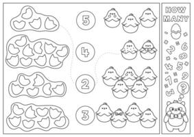 Pascua de Resurrección negro y blanco pareo juego con linda kawaii eclosión polluelos y huevo conchas primavera fiesta matemáticas actividad para niños. imprimible contando hoja de cálculo o colorante página con dibujos animados pollo aves vector