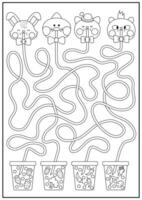 Kawaii black and white maze for kids. Preschool printable activity with cute animals drinking bubble tea with different tastes. Labyrinth game or coloring page with fancy drinks with carrot vector