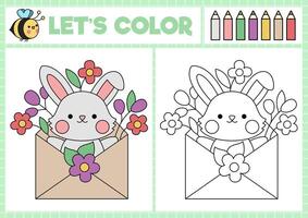 Easter coloring page for children with cute kawaii bunny in envelope with flowers. Vector spring holiday outline illustration. Color book for kids with colored example. Drawing printable worksheet