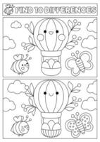 Easter black and white kawaii find differences game for children. Attention skills activity with cute hot air balloon with eggs, bees flying in the sky. Spring holiday coloring page for kids vector