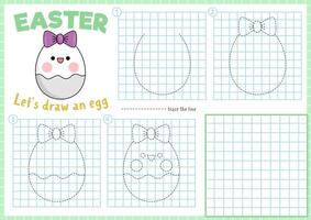 Easter step by step drawing worksheet. How to draw an egg. Complete the picture by example activity. Vector spring holiday writing practice worksheet. Printable garden coloring page