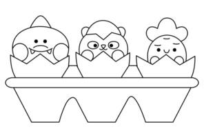 Vector black and white packaging with eggs and hatching kawaii animals. Easter line illustration with cute panda bear, crocodile and carrot sitting in shell. Cute spring coloring page for kids