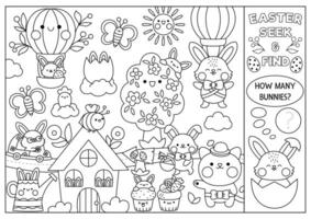 Vector black and white Easter searching game with country house and kawaii characters. Spot hidden rabbits. Simple spring holiday seek and find coloring page. Egg hunt printable activity with bunny