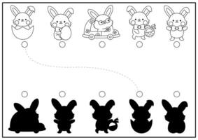 Easter black and white shadow matching activity with bunnies. Spring holiday shape recognition puzzle with cute kawaii animals. Find correct silhouette printable worksheet. Garden coloring page vector