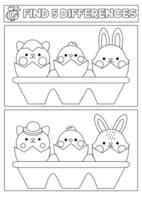 Easter black and white kawaii find differences game. Coloring page with cute hatching animals. Spring holiday puzzle or activity for kids. Printable what is different worksheet vector