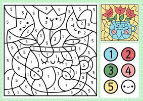 Vector spring garden color by number activity with cute vase with tulips. Easter scene. Black and white counting game with funny flowers in cup. Coloring page for kids