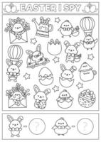 Easter black and white I spy game for kids. Searching and counting activity with cute kawaii holiday symbols. Spring printable worksheet, coloring page. Simple spotting puzzle with bunny, chick vector