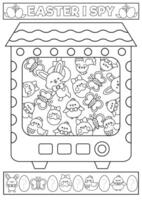 Easter black and white I spy game for kids with toy vending machine. Searching, counting activity. Coloring page with cute kawaii holiday symbols. Spring printable worksheet with bunny, eggs, chicks vector