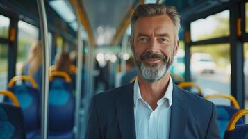 AI generated Environmentally conscious businessman reducing air pollution by happily commuting to work on a bus photo