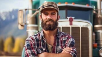 AI generated Confident bearded truck driver poses in front of his vehicle, arms crossed, smiling at camera photo