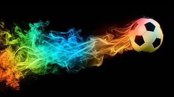 AI generated Dynamic soccer ball bursting with vibrant colorful smoke against a black backdrop photo