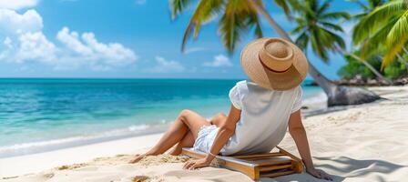 AI generated Carefree woman enjoying summer beach vacation, relaxing by the seaside with palm trees and sea view photo