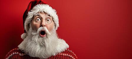 AI generated Startled santa claus with a shocked expression on a red background, perfect for text placement photo