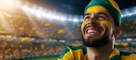 AI generated Brazilian fan with face paint, cheering at football match with stadium background and text space photo