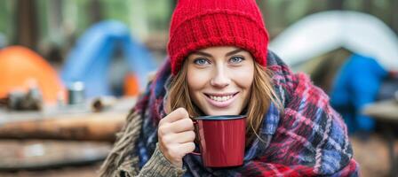 AI generated Captivating young woman enjoying camping in beautiful outdoor landscape with copy space photo