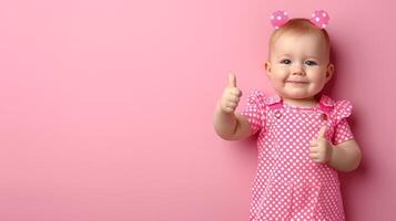 AI generated Happy toddler giving thumbs up on vibrant pastel background with space for text placement photo