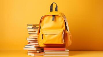 AI generated Colorful school backpack with books on yellow backgroundback to school concept with copy space. photo