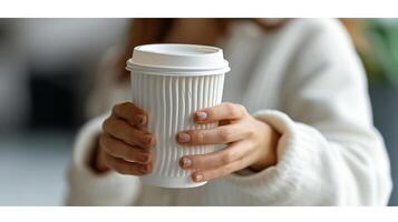 AI generated Close up of businesswoman holding empty coffee to go cup with focus on cup details and hand. photo