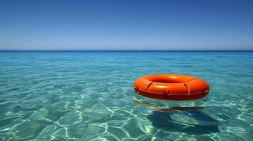 AI generated Lifebuoy floating on calm open sea water surface with copy space for safety and rescue concepts photo