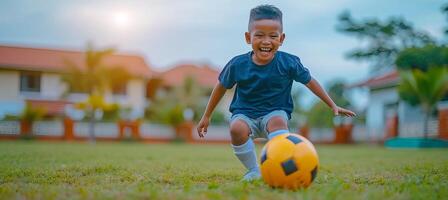 AI generated Happy boys enjoying soccer training on grass field with copy space for text placement photo