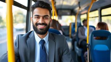 AI generated Smiling indian businessman on eco friendly commute, reducing air pollution by taking the bus photo