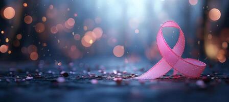 AI generated Breast cancer awareness month symbol with pink ribbon on magical blue background with copy space photo