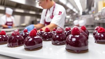 ai generado experto Pastelería cocinero perfeccionamiento un Agua en la boca postre en un lujoso hotel o restaurante cocina foto