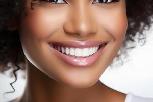 AI generated Radiant smile of beautiful black woman with perfect white teeth on solid bright white background photo