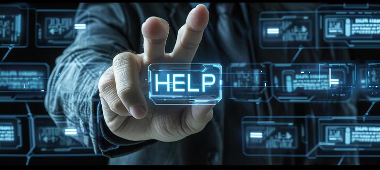 AI generated Interactive holographic shining text icon  help  floating in the air, futuristic technology concept photo