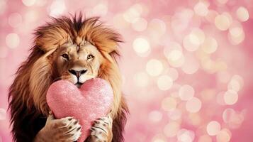 AI generated Lion presenting heart shaped gift, magical background, valentine s day animals, copy space for text photo