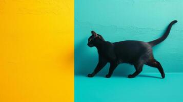 AI generated Fluffy cat walking on pastel background in studio shot with copy space on left side photo