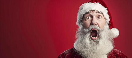 AI generated Startled santa claus with wide eyes, isolated on red background with copy space for text placement photo