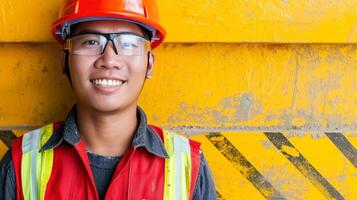 ai generado confidente construcción trabajador en uniforme y la seguridad casco sonriente con Copiar espacio, labor día foto