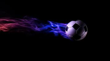 AI generated Colorful smoke burst as soccer ball emerges on black background, perfect for dynamic sports concept. photo