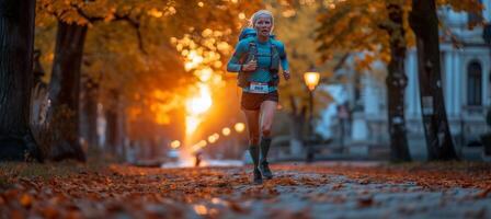 ai generado sonriente mujer en sendero maratón y ciudad triatlón, exhibiendo un activo estilo de vida. foto