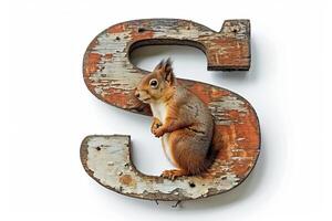AI generated S  letter with squirrel head isolated on white background for graphic design and education materials photo