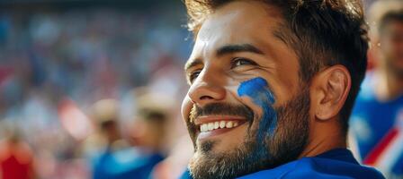 ai generado americano hombre con Estados Unidos bandera cara pintar a fútbol americano juego, borroso estadio antecedentes con Copiar espacio foto