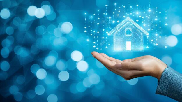 AI generated Interactive holographic icons of big shining house buildings floating in the air photo