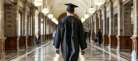 AI generated Confident graduate walking through historic university corridor with space for text photo