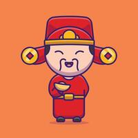 Cute chinese fortune god holding gold cartoon vector illustration chinese lunar new year concept icon isolated