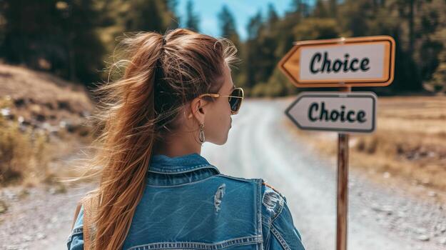 AI generated Confident woman at crossroad with two way sign, symbolizing choice and decision making photo