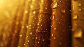 AI generated Close up bamboo background with water drops on surface for natural and tranquil concept photo