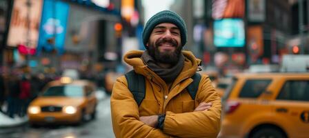 ai generado sonriente barbado Taxi conductor con cruzado brazos en frente de taxi, Copiar espacio para texto foto