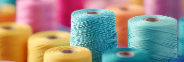 AI generated Colorful cotton threads on tailor textile fabric background with thread spools and needles photo